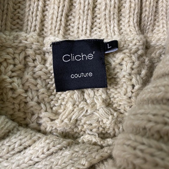 Cliche Couture Wool Blend Chunky Cable Knit Poncho Cream Gray Black - Picture 3 of 9